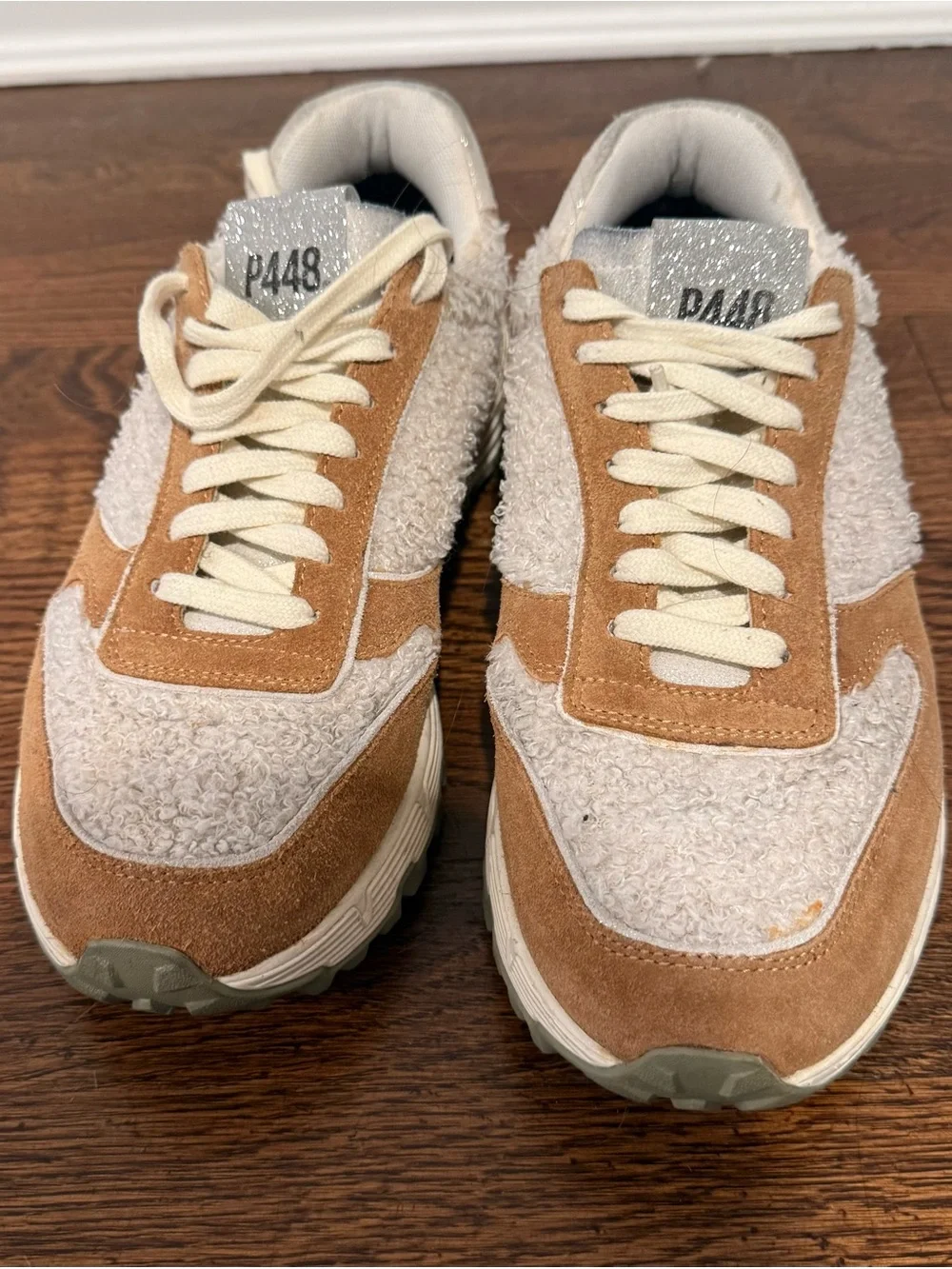 P448 Women's Suede & Shearling Panel Sneakers in Tan/Cream
